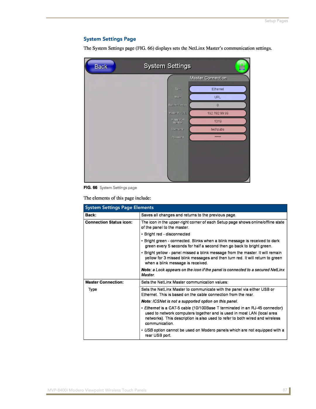 AMX MVP-8400i manual System Settings Page Elements, Setup Pages, Back, Connection Status icon, Master Connection 