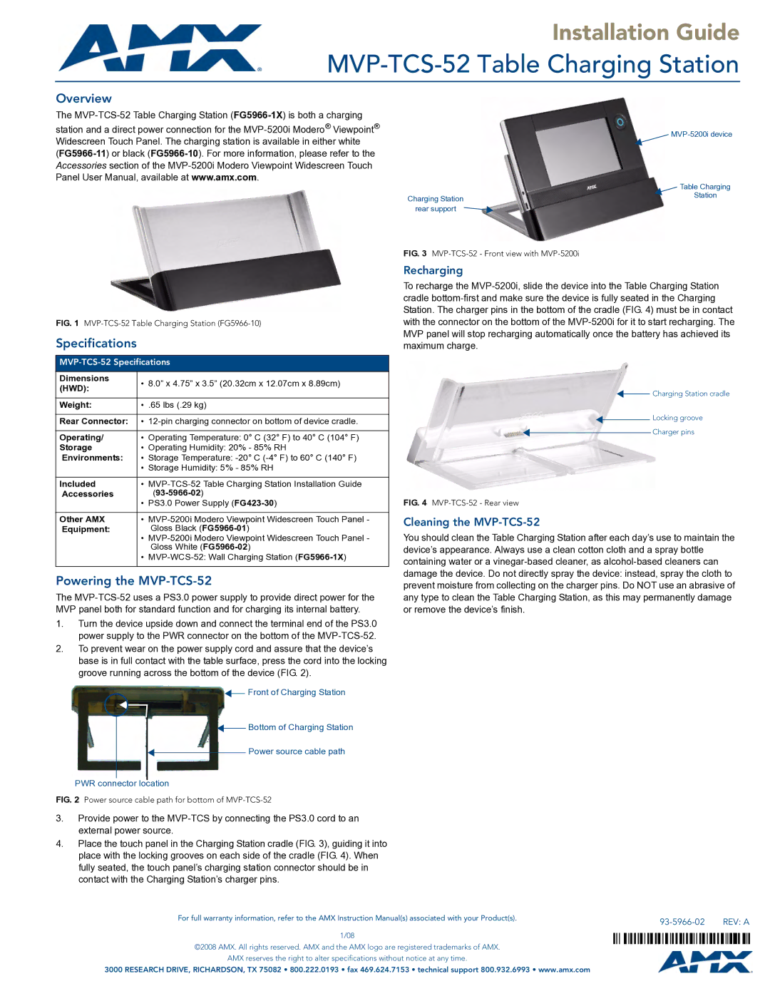 AMX specifications MVP-TCS-52 Table Charging Station, Overview, Specifications, Powering the MVP-TCS-52 