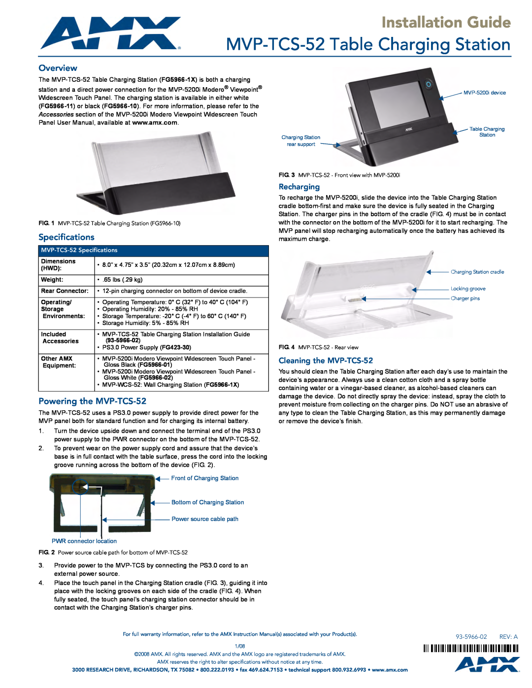 AMX specifications MVP-TCS-52 Table Charging Station, Installation Guide, Overview, Specifications, Recharging 