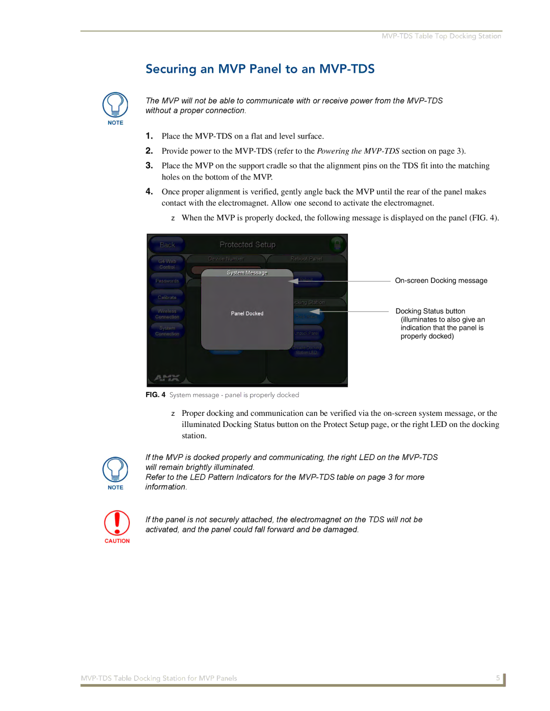 AMX manual Securing an MVP Panel to an MVP-TDS, System message panel is properly docked 