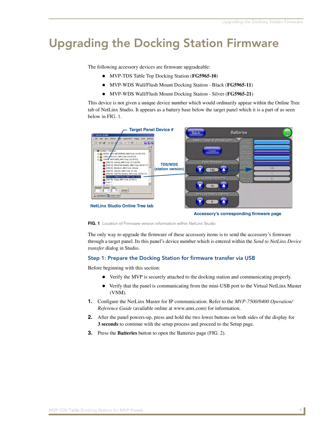 AMX MVP-TDS manual Upgrading the Docking Station Firmware, Prepare the Docking Station for firmware transfer via USB 