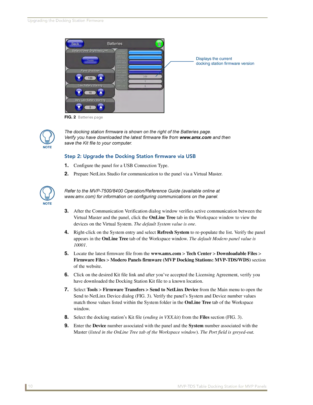 AMX MVP-TDS manual Upgrade the Docking Station firmware via USB, Batteries 