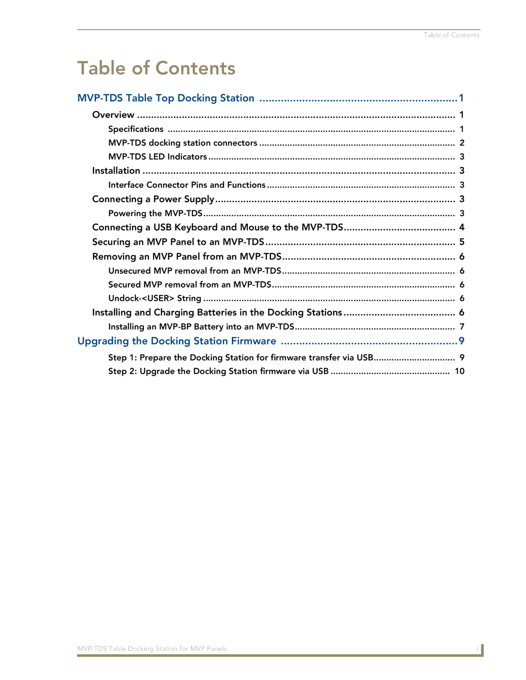 AMX MVP-TDS manual Table of Contents 