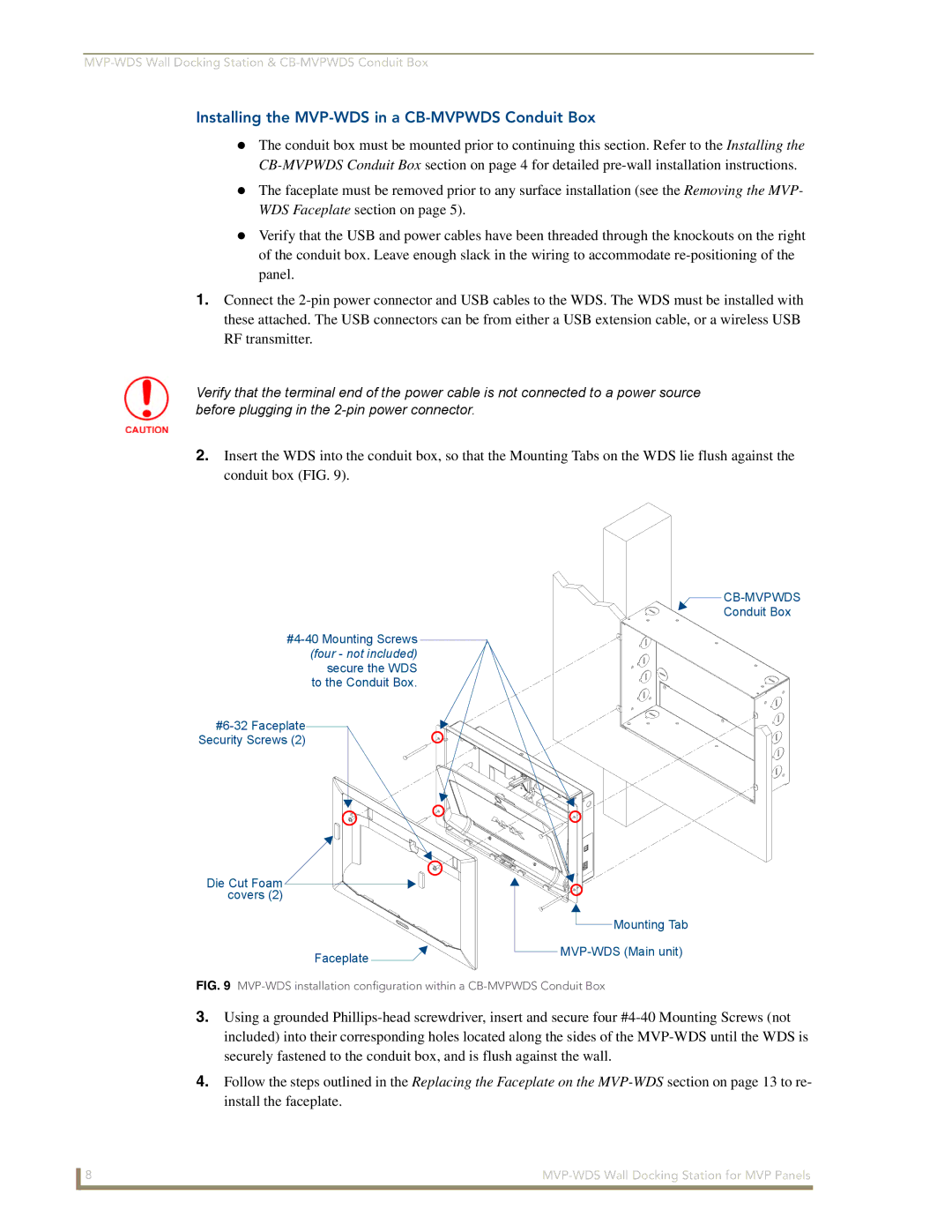 AMX manual Installing the MVP-WDS in a CB-MVPWDS Conduit Box 