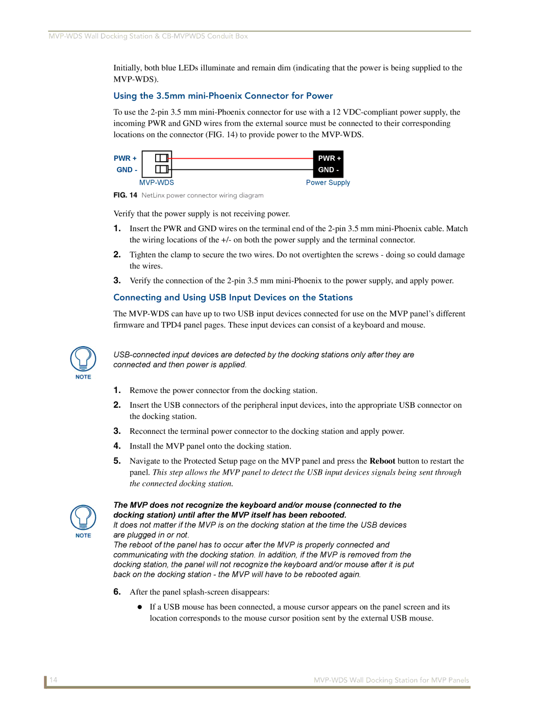 AMX MVP-WDS manual Using the 3.5mm mini-Phoenix Connector for Power, Connecting and Using USB Input Devices on the Stations 