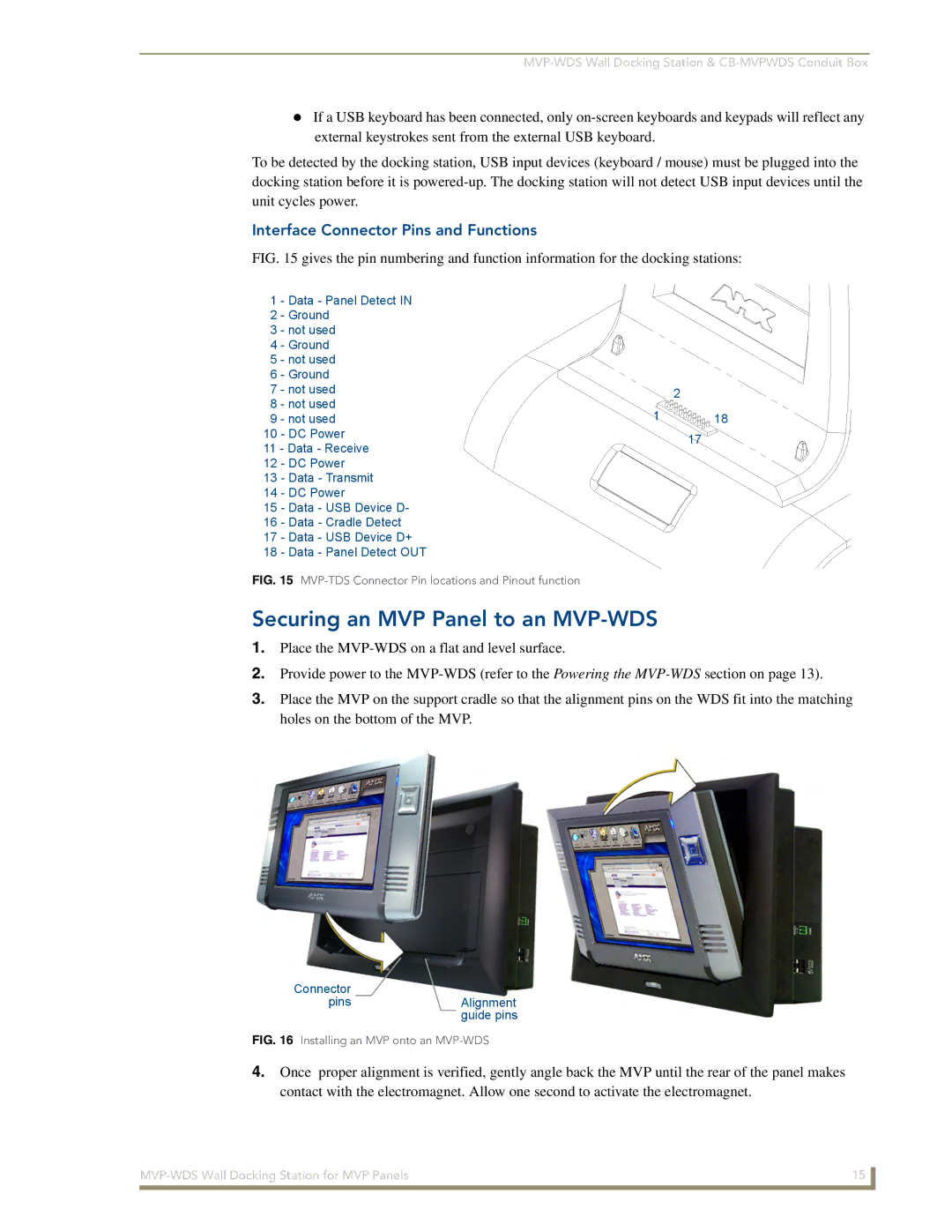 AMX manual Securing an MVP Panel to an MVP-WDS, Interface Connector Pins and Functions 