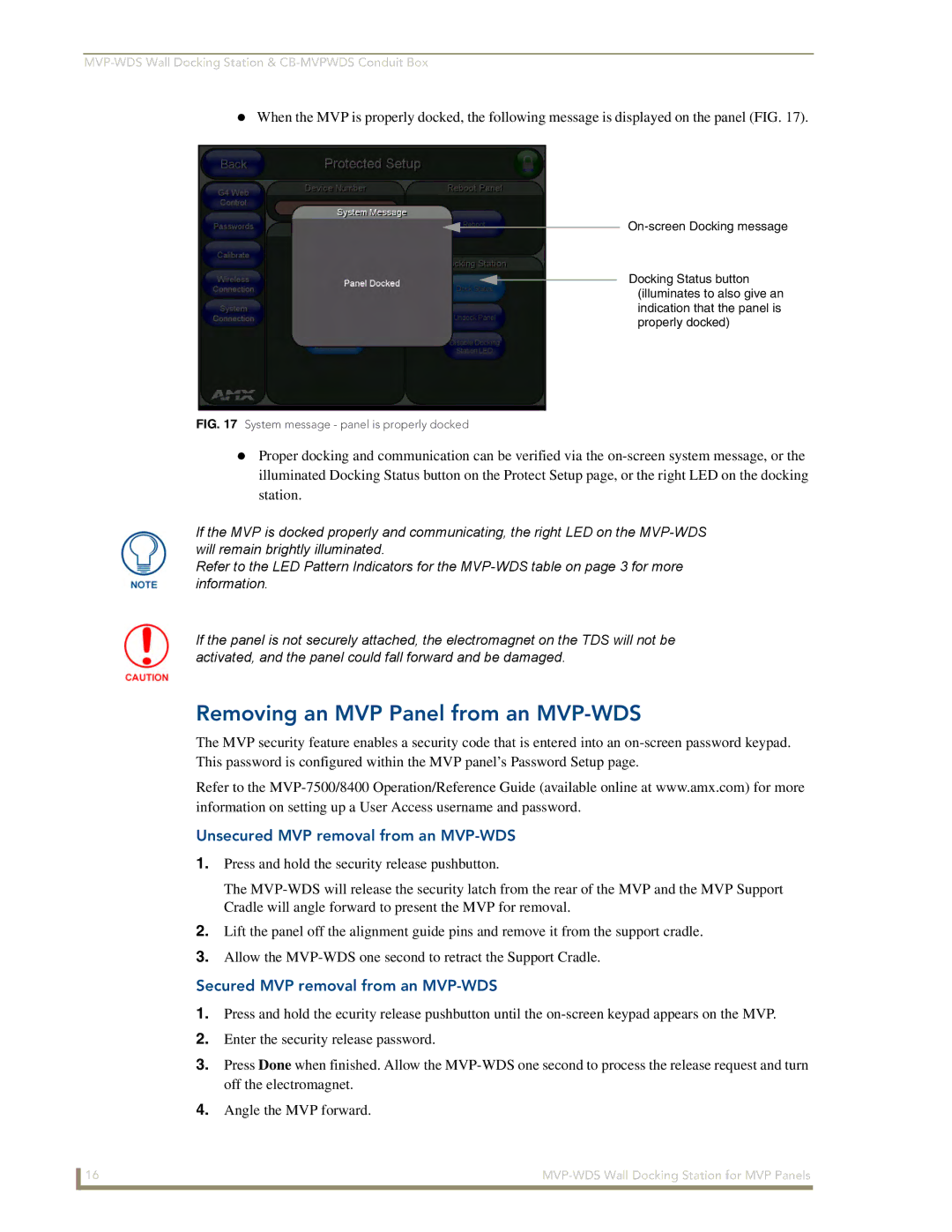 AMX Removing an MVP Panel from an MVP-WDS, Unsecured MVP removal from an MVP-WDS, Secured MVP removal from an MVP-WDS 