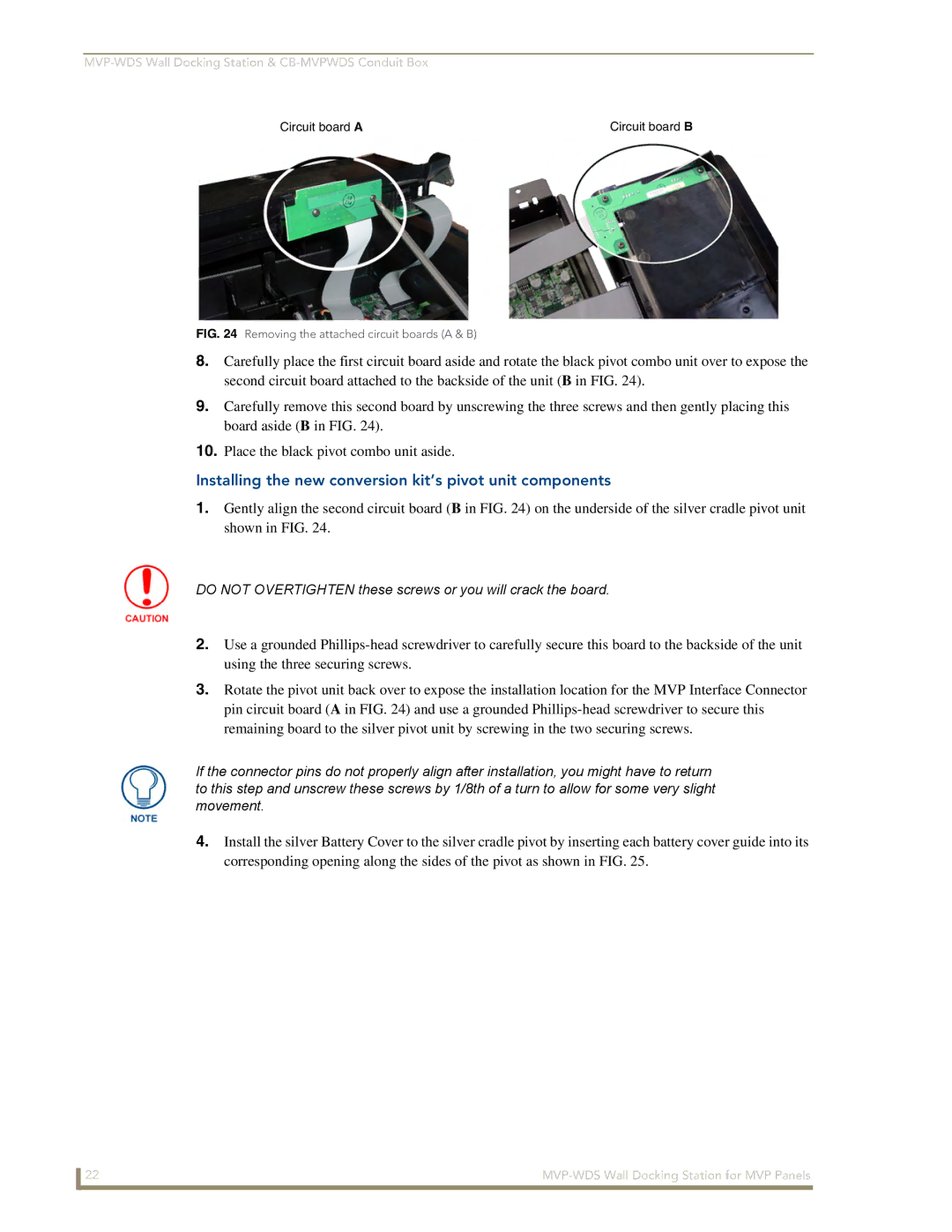 AMX MVP-WDS manual Installing the new conversion kit’s pivot unit components, Removing the attached circuit boards a & B 