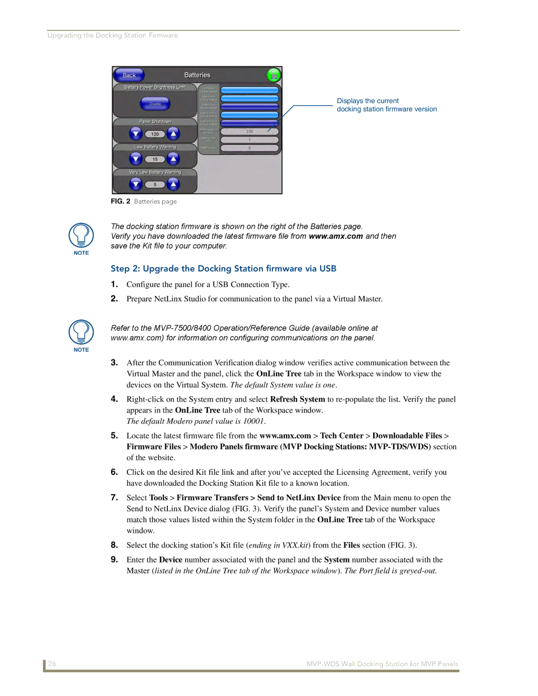 AMX MVP-WDS manual Upgrade the Docking Station firmware via USB, Default Modero panel value is 