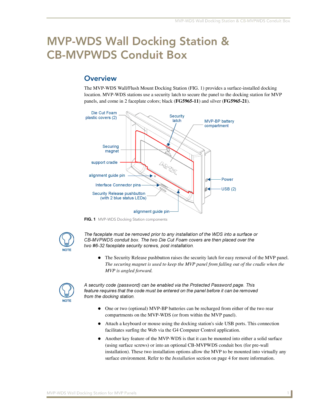 AMX manual MVP-WDS Wall Docking Station & CB-MVPWDS Conduit Box, Overview 