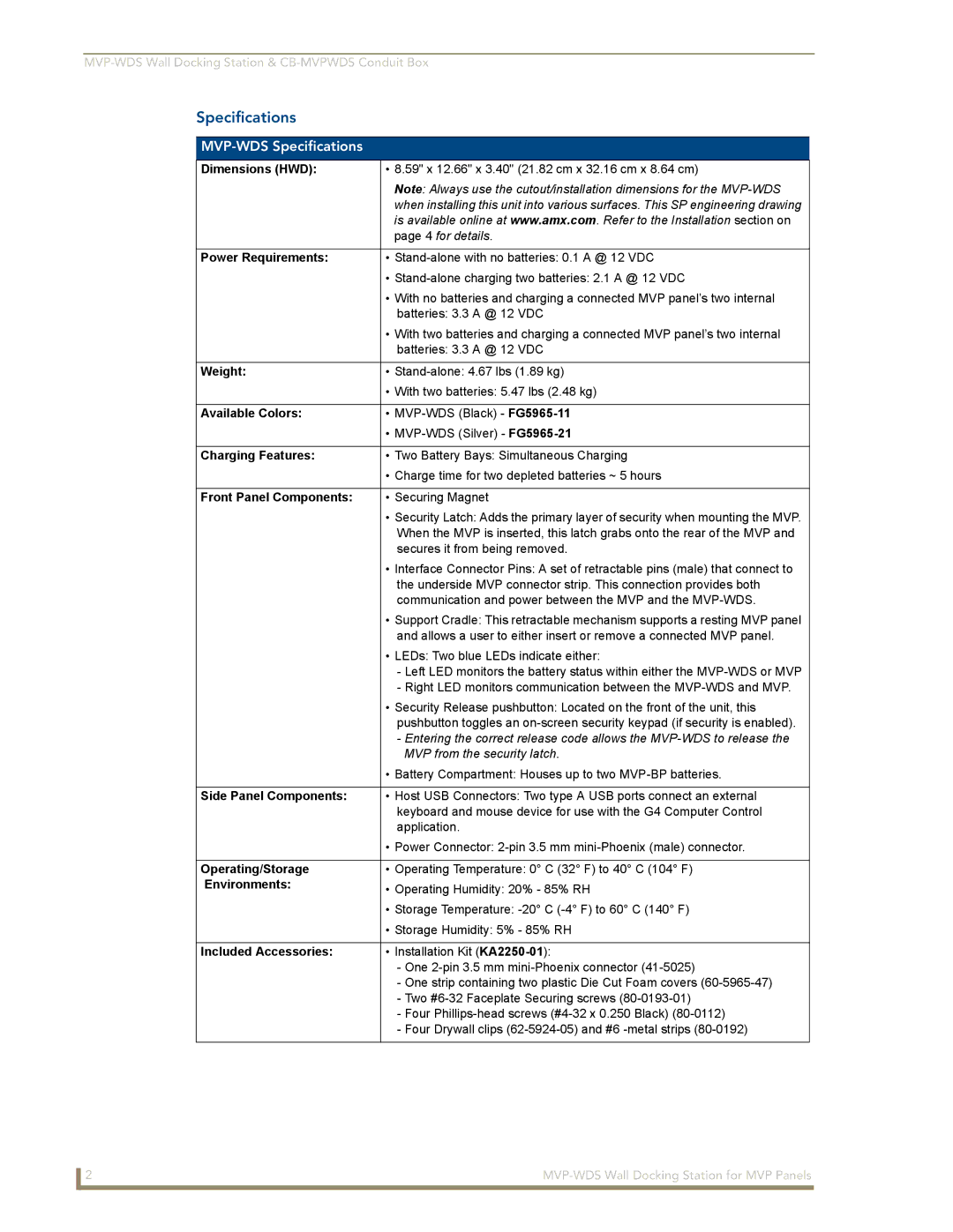 AMX manual MVP-WDS Specifications 