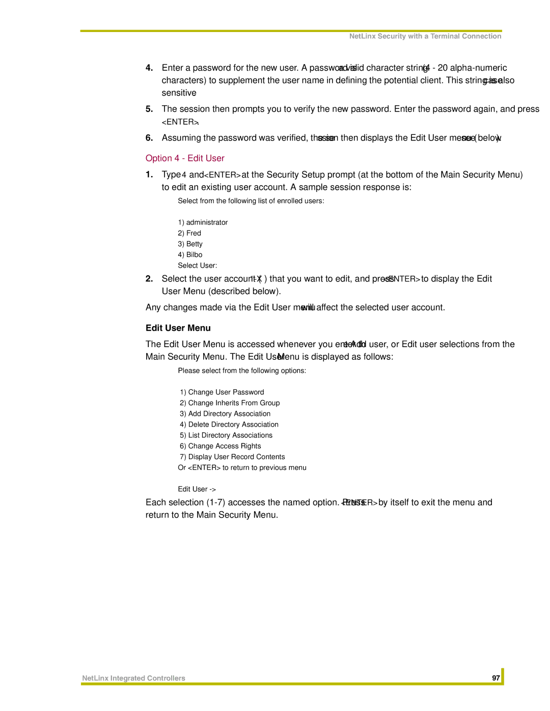 AMX NI-4000, NI-3000, NI-2000 instruction manual Option 4 Edit User, Edit User Menu 