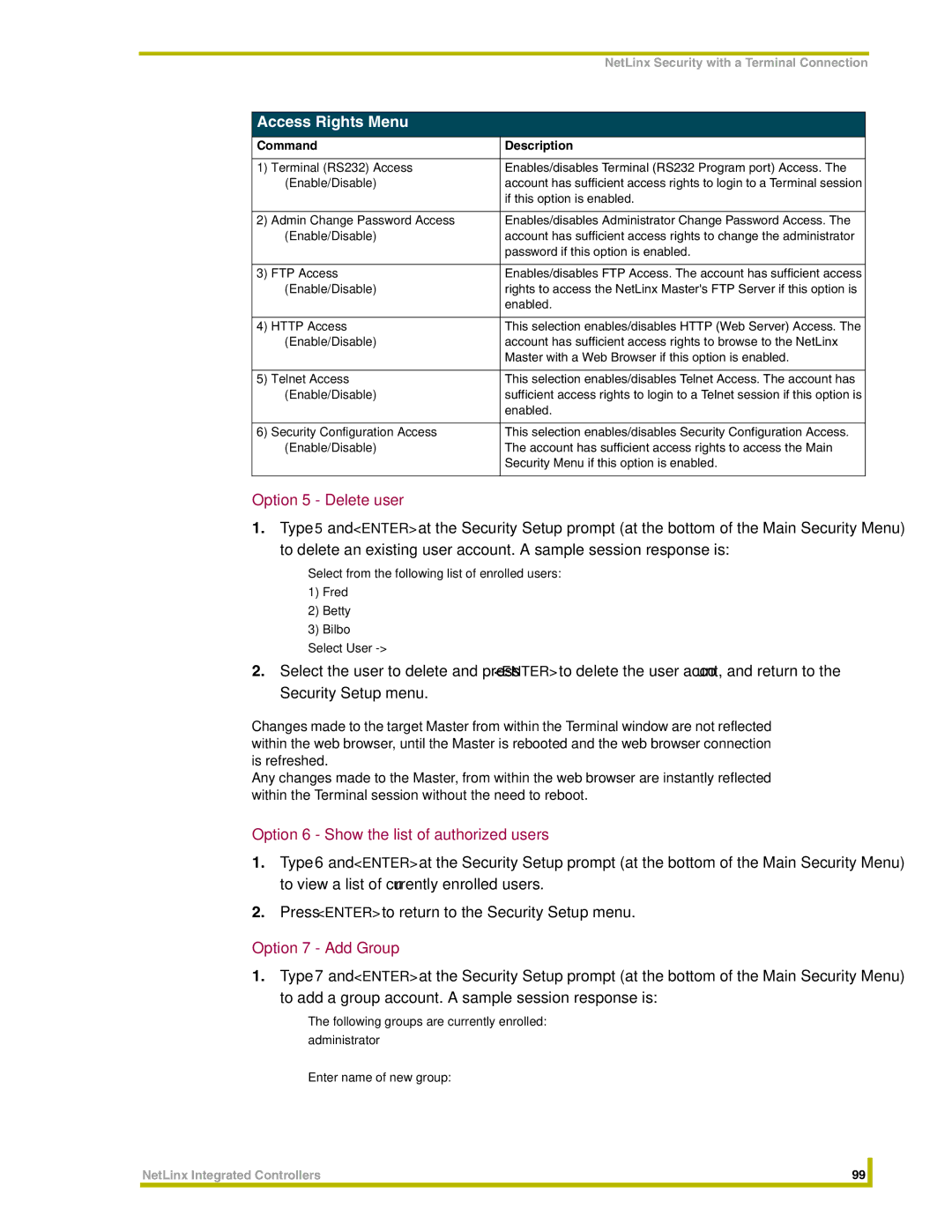 AMX NI-3000 Access Rights Menu, Option 5 Delete user, Option 6 Show the list of authorized users, Option 7 Add Group 