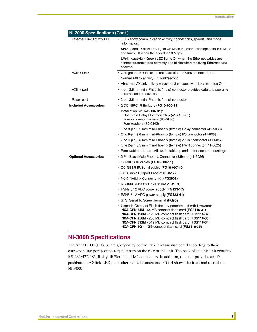 AMX NI-2000, NI-4000 instruction manual NI-3000 Specifications, Included Accessories, Optional Accessories 