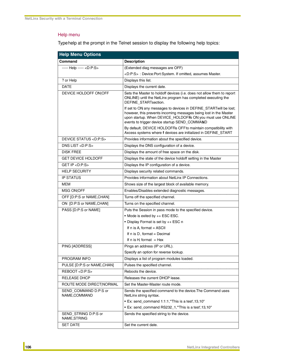 AMX NI-4000, NI-3000, NI-2000 instruction manual Help menu, Help Menu Options 