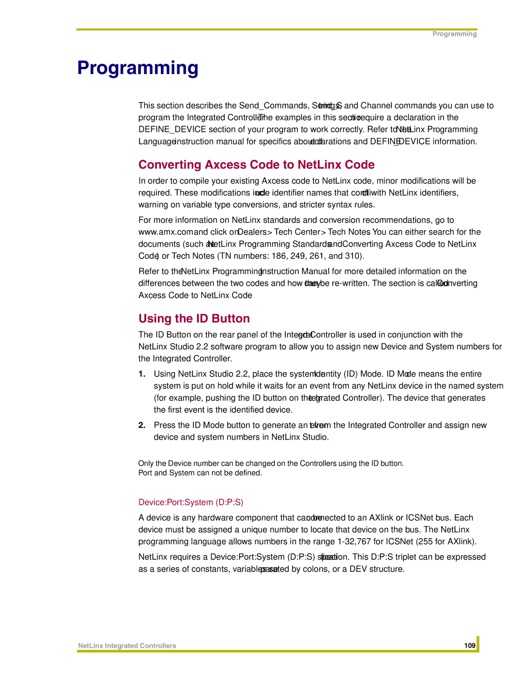AMX NI-4000, NI-3000, NI-2000 Converting Axcess Code to NetLinx Code, Using the ID Button, DevicePortSystem DPS 