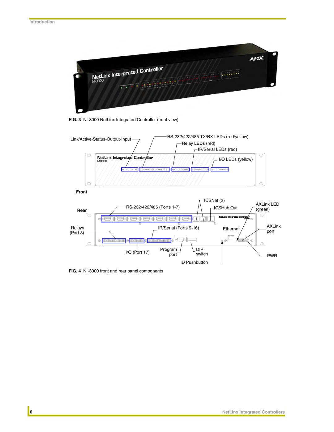 AMX NI-3000 ICSNet AXLink LED RS-232/422/485 Ports ICSHub Out, Green, Relays IR/Serial Ports Ethernet AXLink Program 