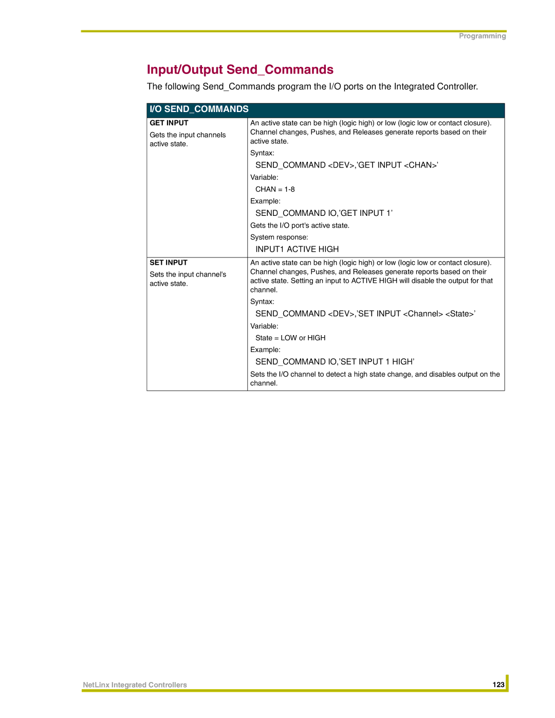 AMX NI-3000 Input/Output SendCommands, Sendcommand DEV,GET Input Chan, Sendcommand IO,GET Input, INPUT1 Active High 