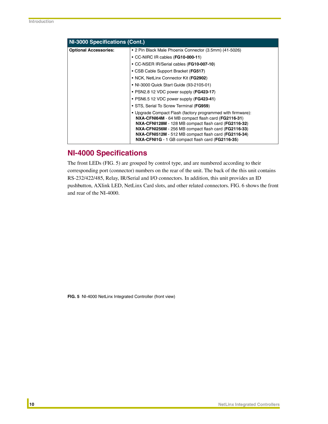 AMX NI-3000, NI-2000 instruction manual NI-4000 Specifications, NI-4000 NetLinx Integrated Controller front view 