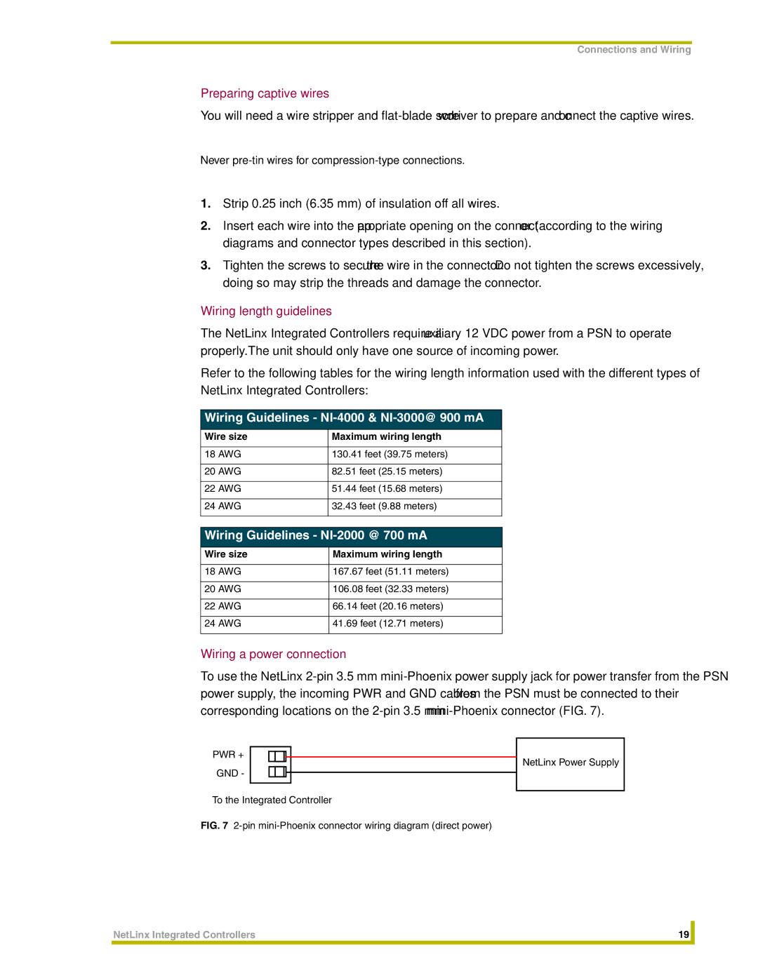 AMX NI-2000 Preparing captive wires, Wiring length guidelines, Wiring Guidelines NI-4000 & NI-3000@ 900 mA 