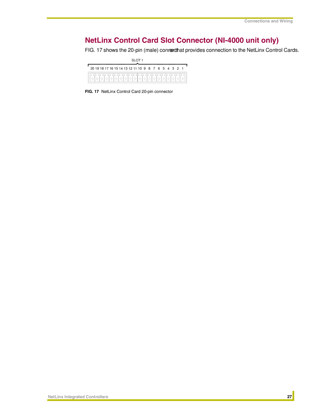 AMX NI-3000, NI-2000 NetLinx Control Card Slot Connector NI-4000 unit only, NetLinx Control Card 20-pin connector 