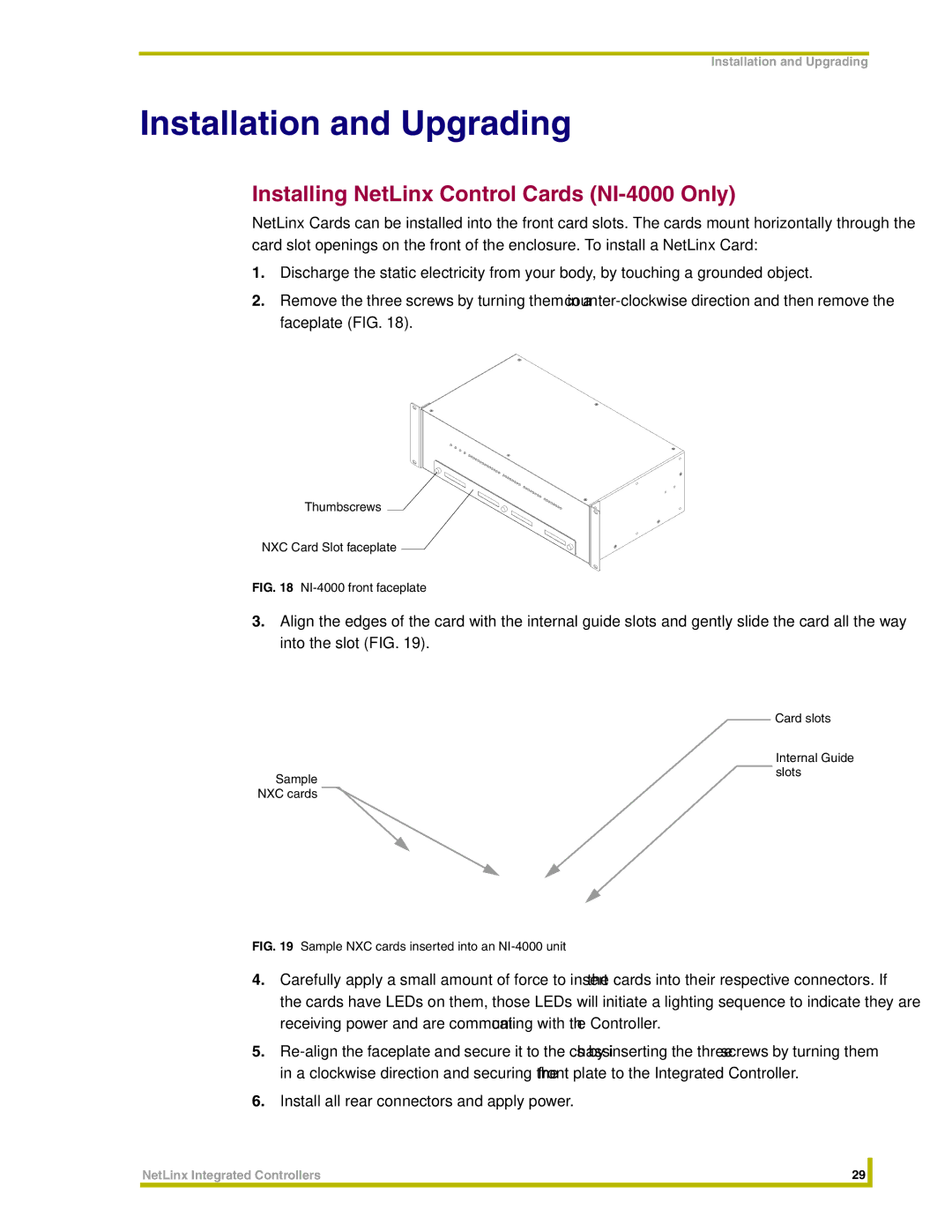 AMX NI-2000, NI-3000 instruction manual Installing NetLinx Control Cards NI-4000 Only, Thumbscrews NXC Card Slot faceplate 