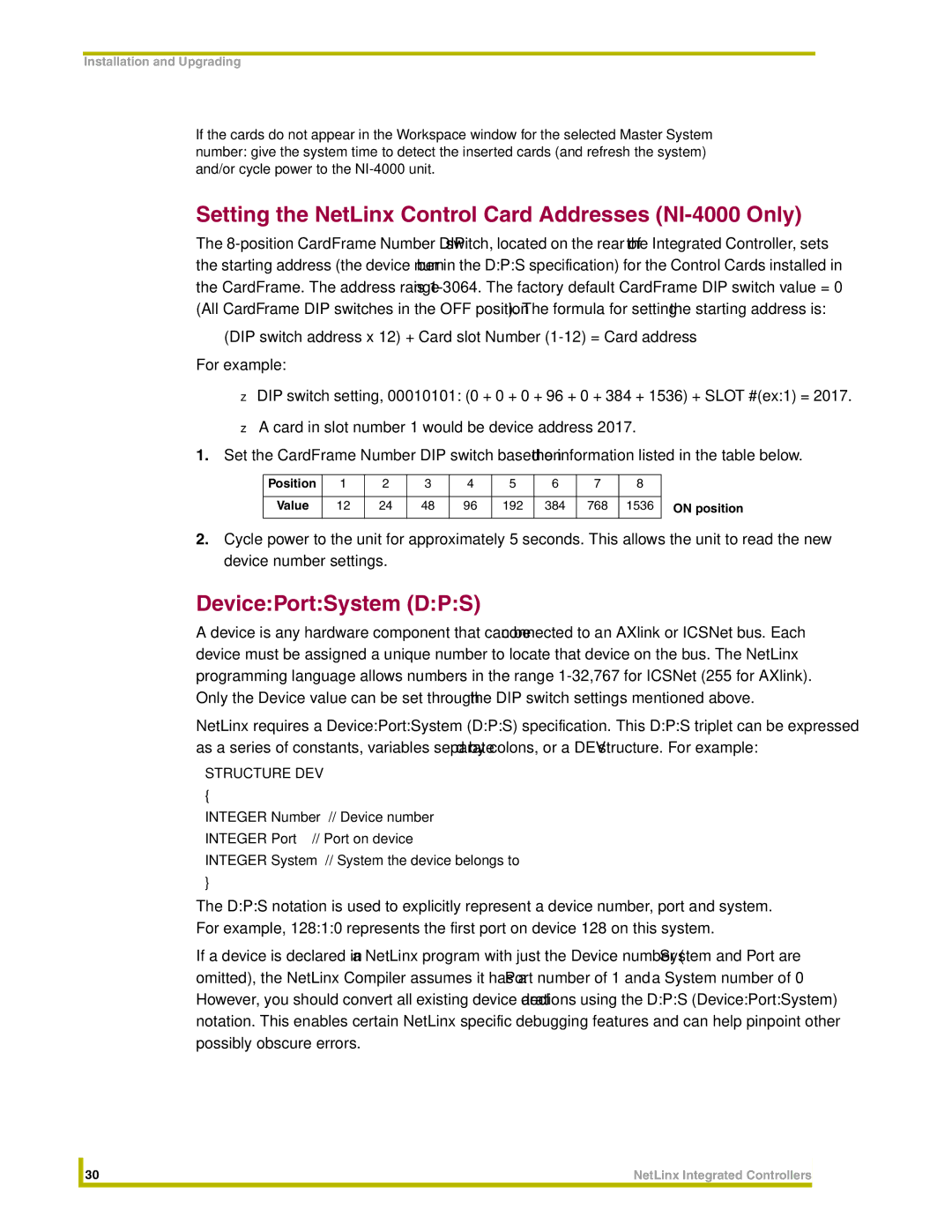 AMX NI-3000 Setting the NetLinx Control Card Addresses NI-4000 Only, DevicePortSystem DPS, Structure DEV, 192 384 768 1536 