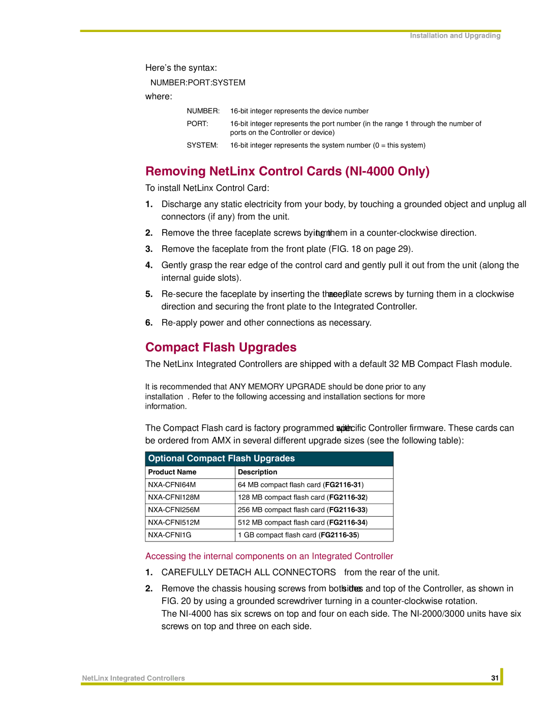 AMX NI-3000, NI-2000 Removing NetLinx Control Cards NI-4000 Only, Optional Compact Flash Upgrades, Numberportsystem 