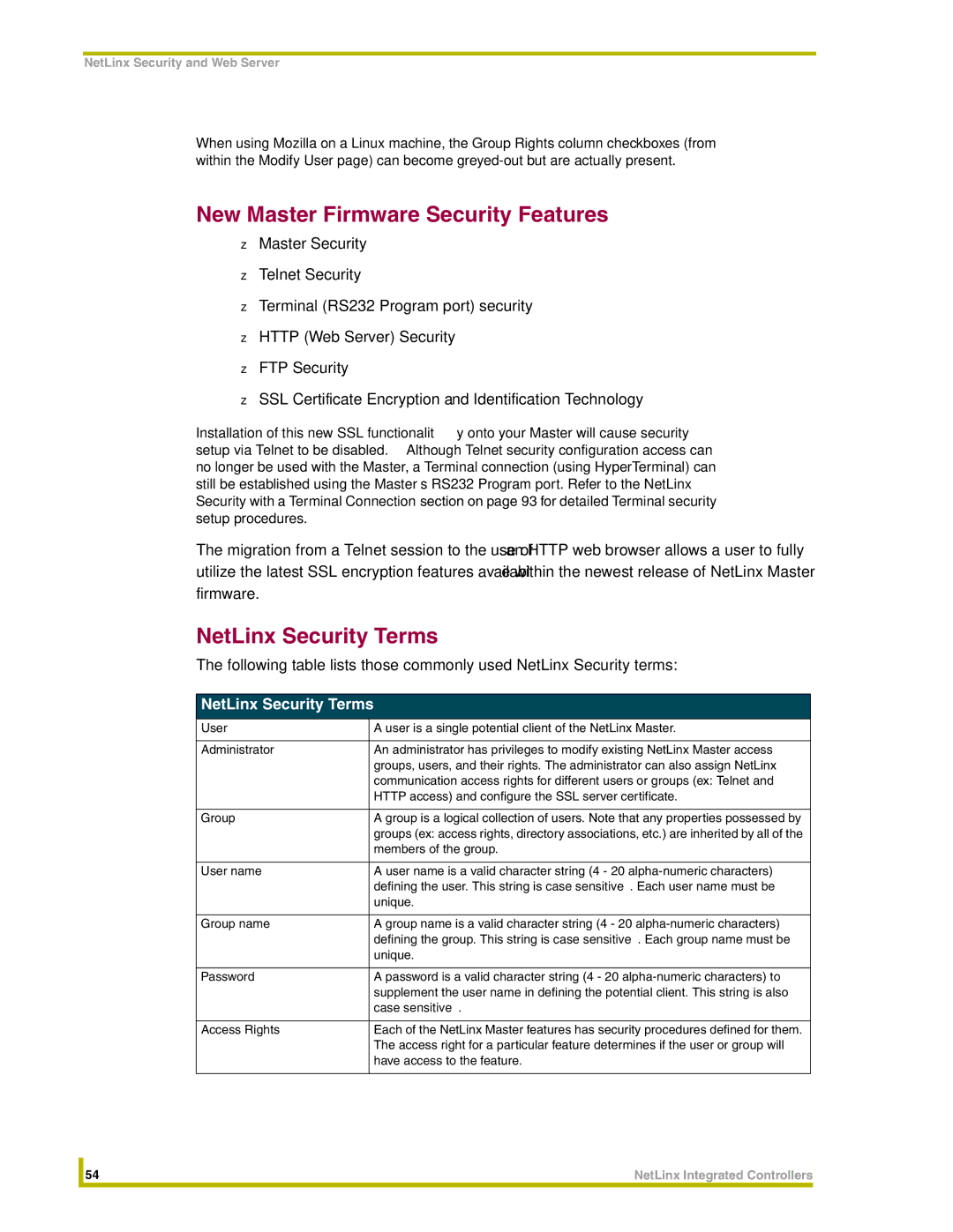 AMX NI-3000, NI-4000, NI-2000 instruction manual New Master Firmware Security Features, NetLinx Security Terms 