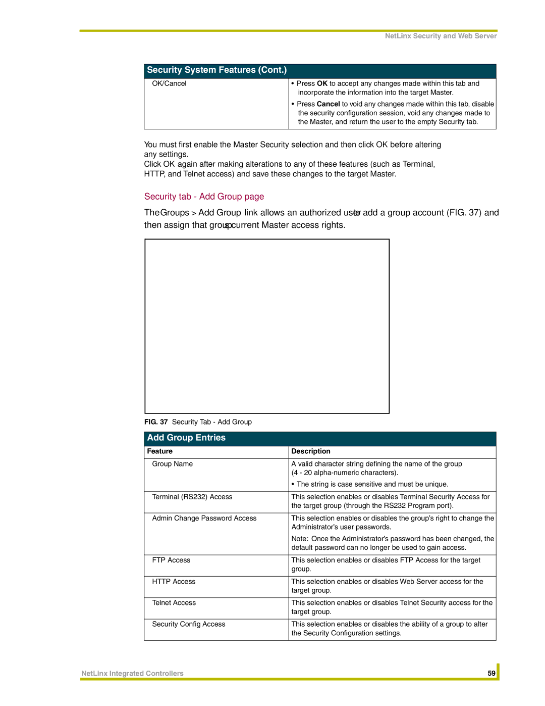 AMX NI-2000, NI-3000, NI-4000 instruction manual Security tab Add Group, Add Group Entries, Administrator’s user passwords 