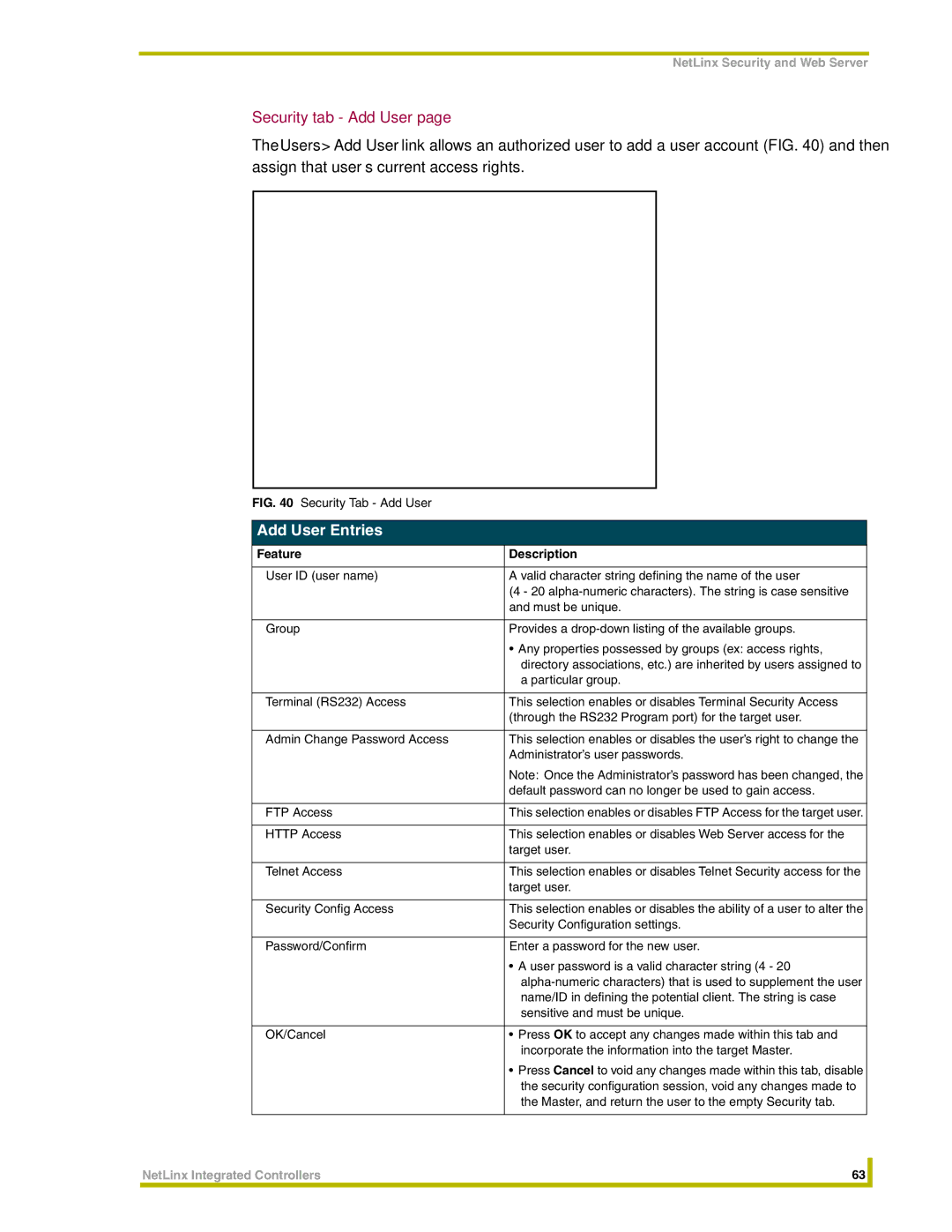 AMX NI-3000, NI-4000, NI-2000 Security tab Add User, Add User Entries, Security Config Access, Sensitive and must be unique 