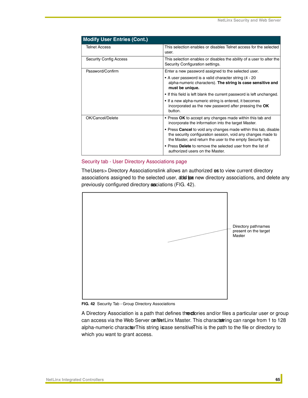 AMX NI-2000, NI-3000, NI-4000 instruction manual Security tab User Directory Associations, Must be unique 