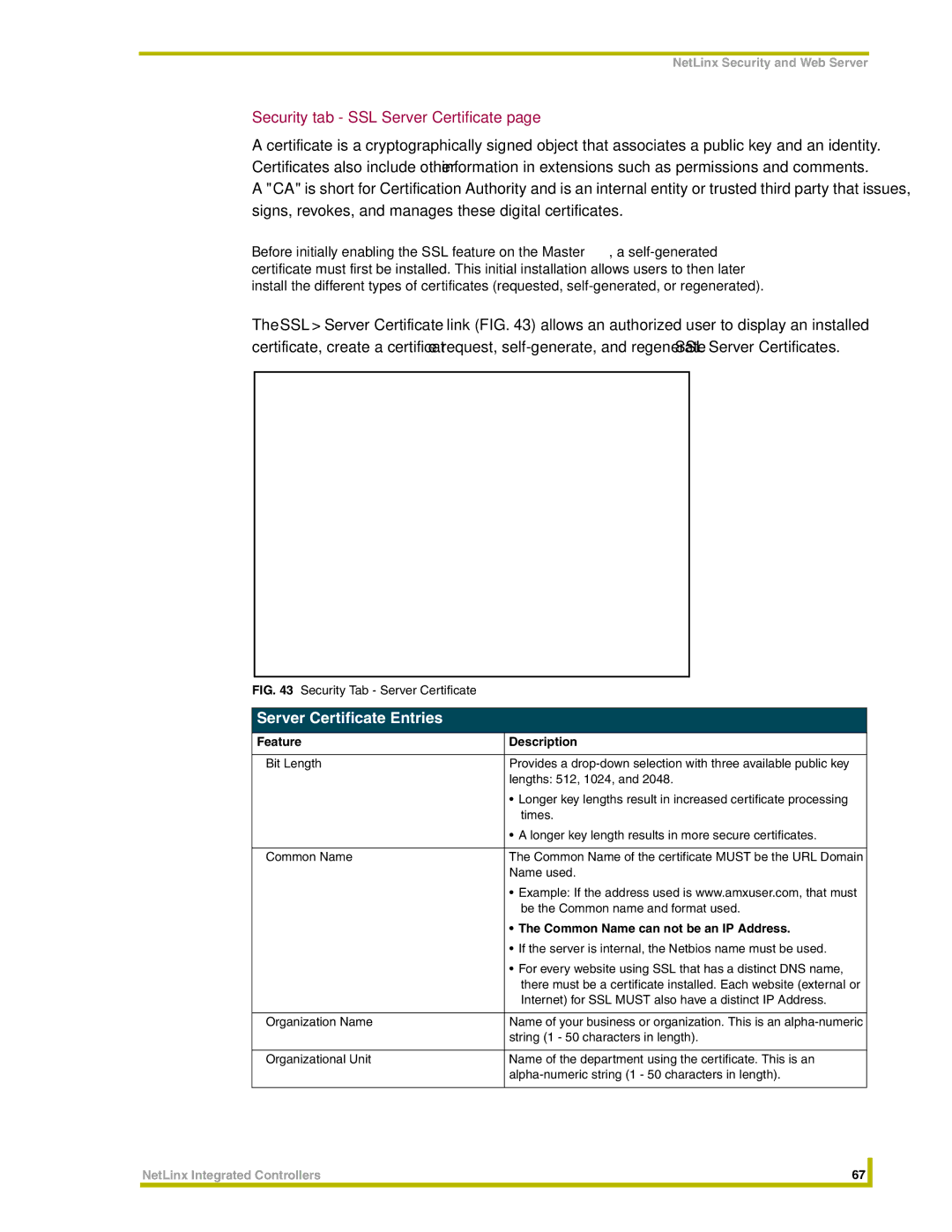 AMX NI-4000, NI-3000 Security tab SSL Server Certificate, Server Certificate Entries, Common Name can not be an IP Address 