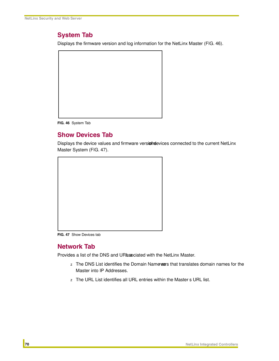 AMX NI-4000, NI-3000, NI-2000 instruction manual System Tab, Show Devices Tab, Network Tab 