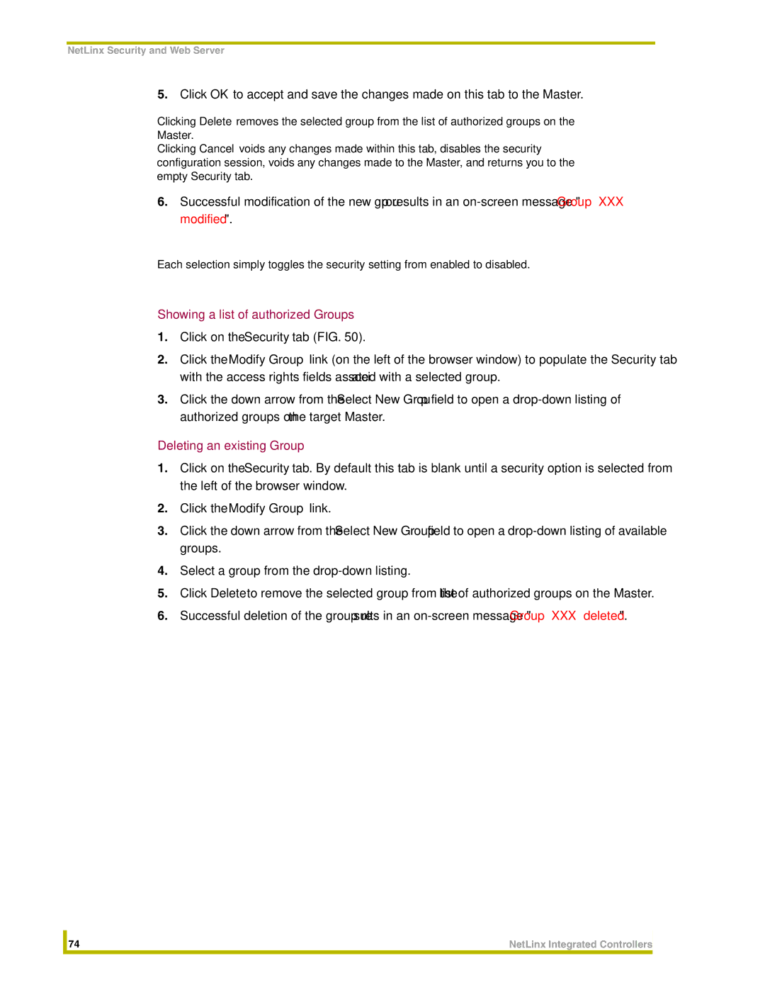 AMX NI-2000, NI-3000, NI-4000 instruction manual Showing a list of authorized Groups, Deleting an existing Group 