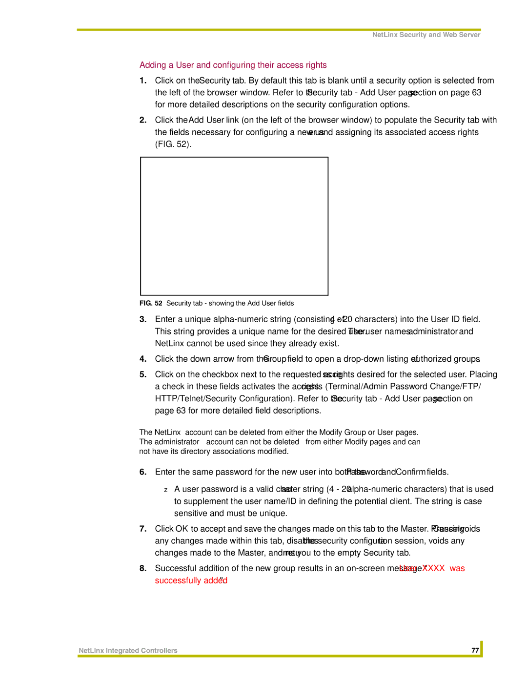 AMX NI-2000, NI-3000 Adding a User and configuring their access rights, NetLinx cannot be used since they already exist 