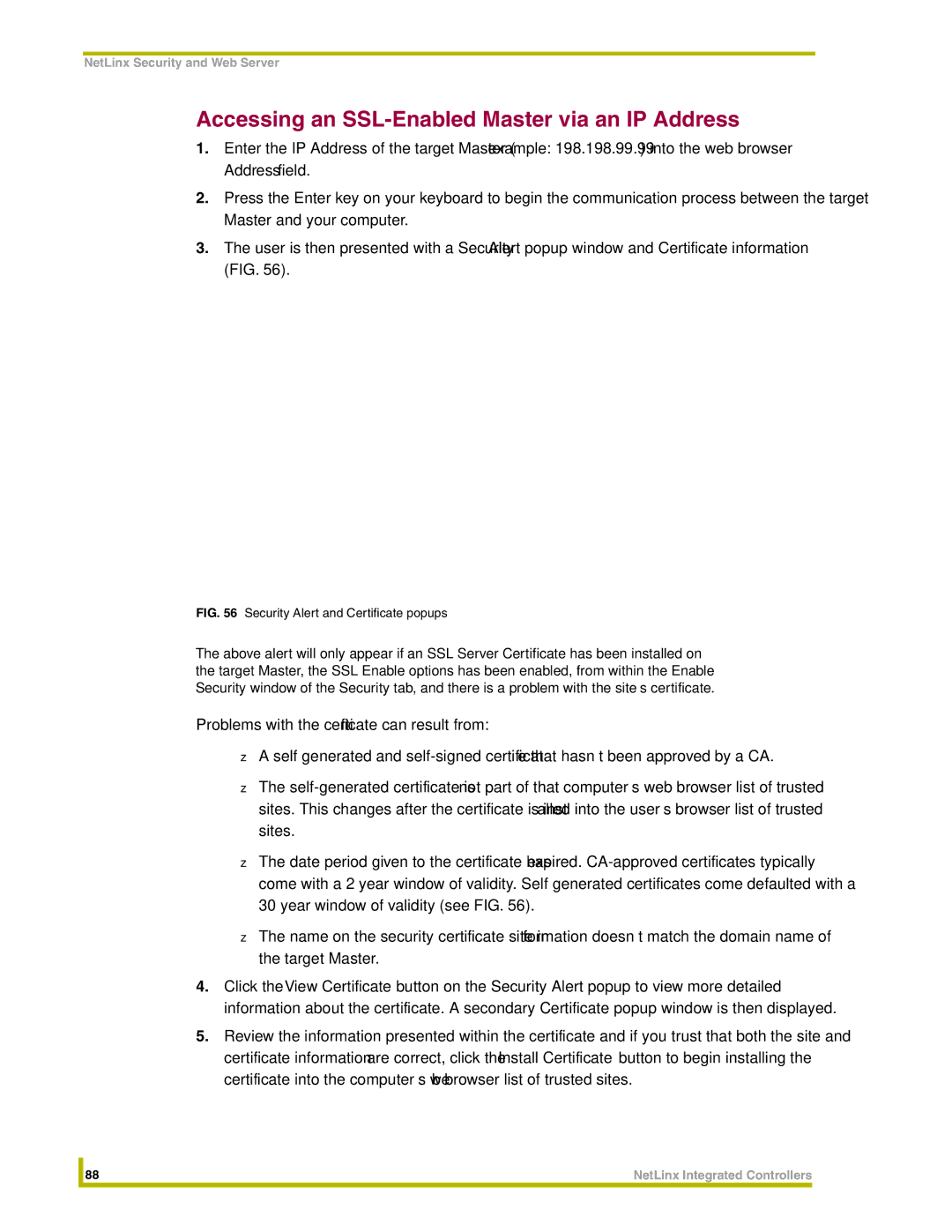 AMX NI-4000, NI-3000, NI-2000 Accessing an SSL-Enabled Master via an IP Address, Security Alert and Certificate popups 