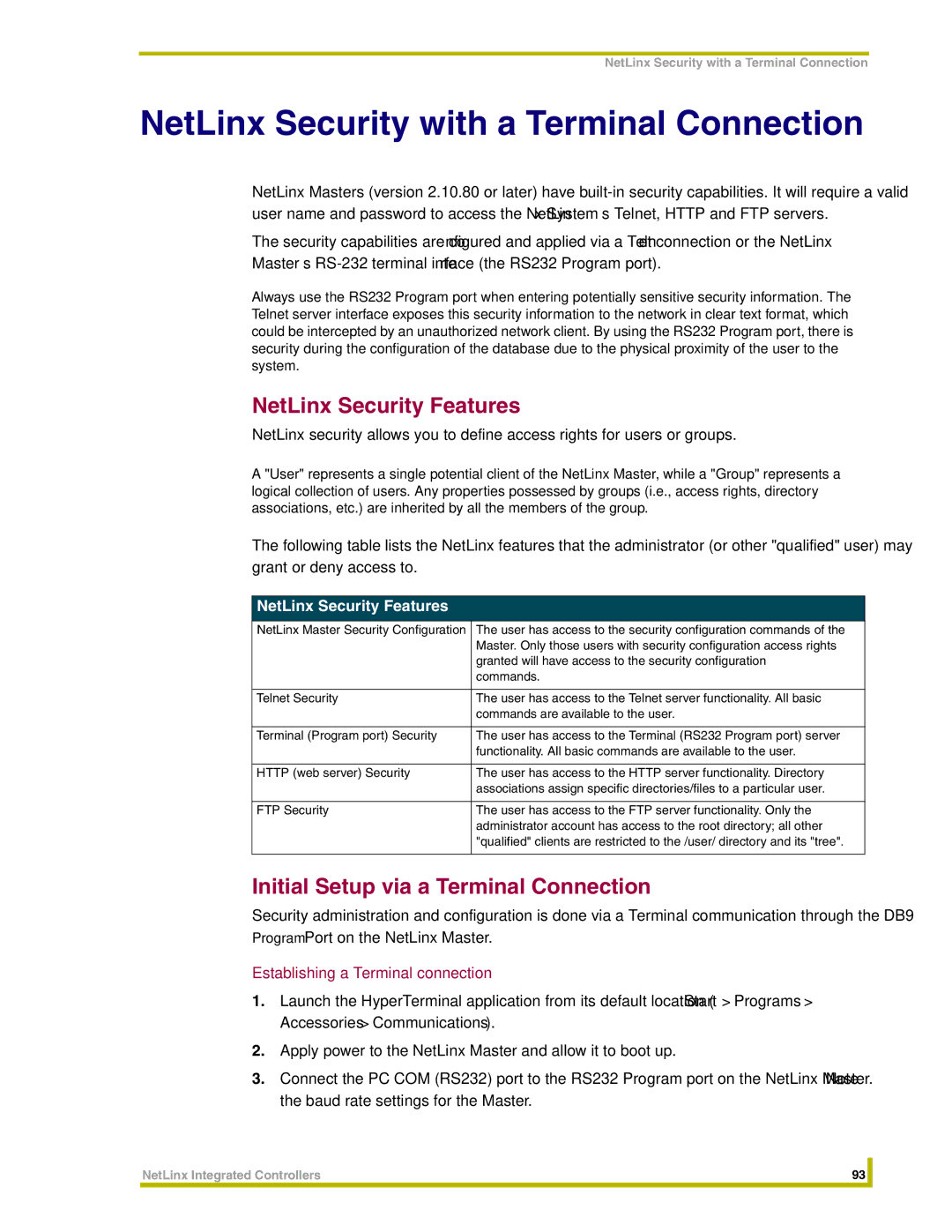 AMX NI-3000 NetLinx Security Features, Initial Setup via a Terminal Connection, Establishing a Terminal connection 