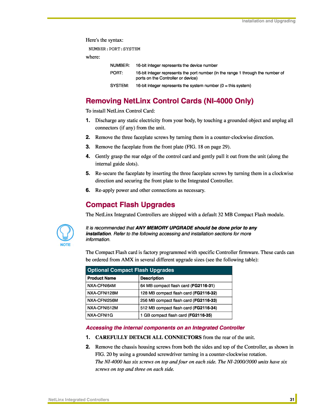 AMX NI-3000, NI-2000 instruction manual Removing NetLinx Control Cards NI-4000 Only, Optional Compact Flash Upgrades 