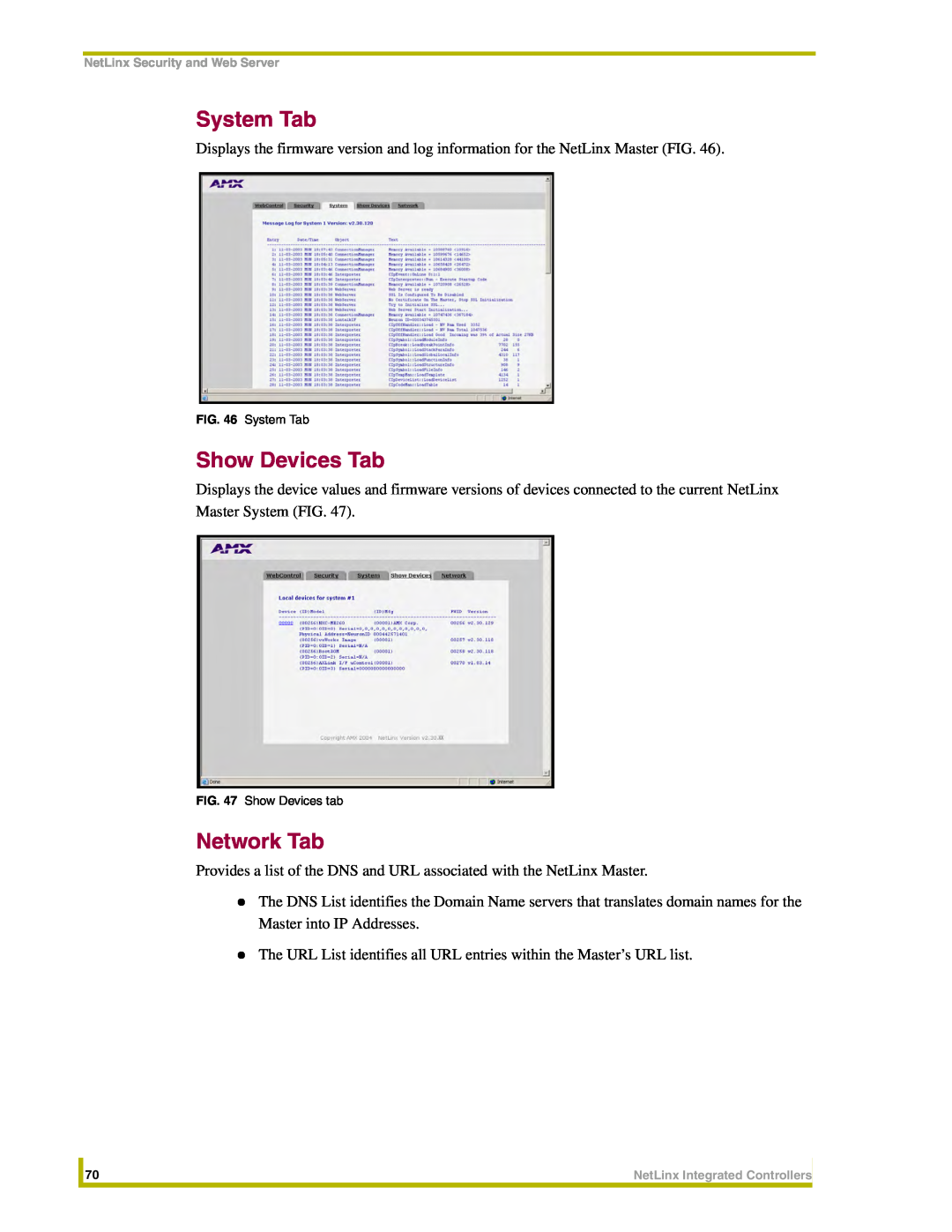 AMX NI-4000, NI-3000, NI-2000 instruction manual System Tab, Show Devices Tab, Network Tab 