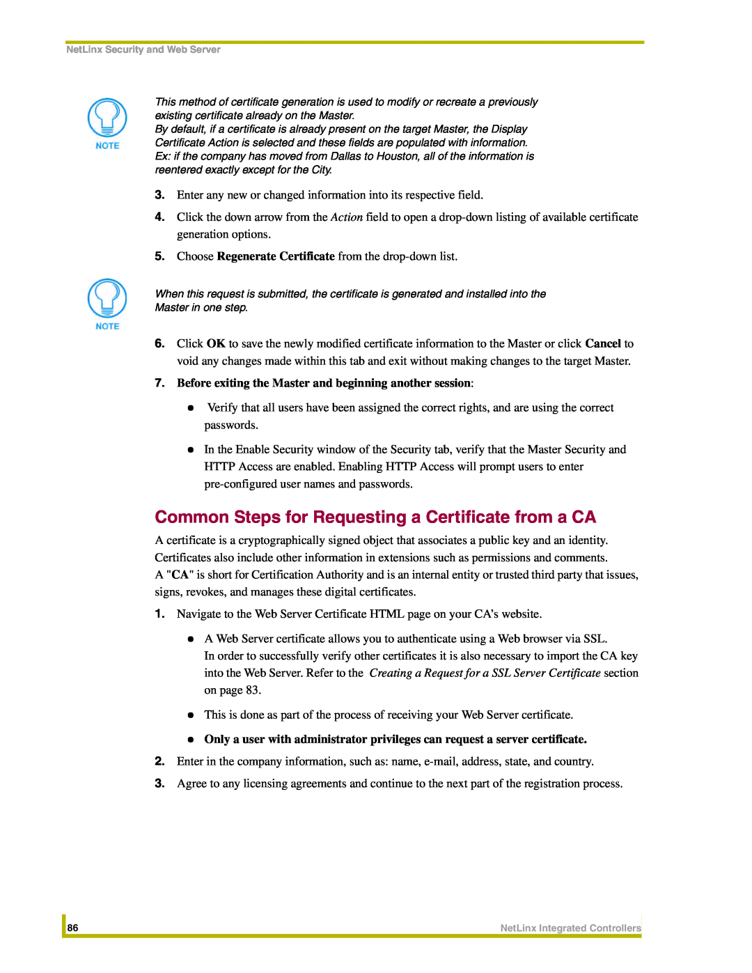 AMX NI-2000 Common Steps for Requesting a Certificate from a CA, Before exiting the Master and beginning another session 
