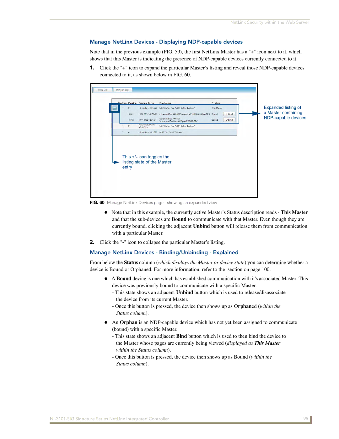 AMX NI-3101-SIG Manage NetLinx Devices Displaying NDP-capable devices, Manage NetLinx Devices Binding/Unbinding Explained 