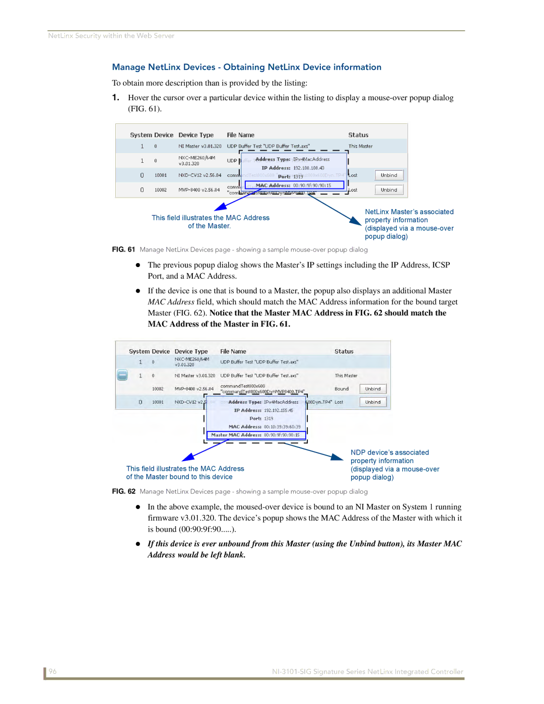 AMX NI-3101-SIG manual Manage NetLinx Devices Obtaining NetLinx Device information, MAC Address of the Master in FIG 