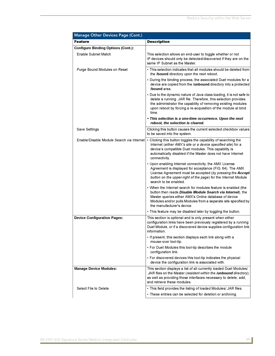 AMX NI-3101-SIG manual This selection is a one-time occurrence. Upon the next, Reboot, the selection is cleared 