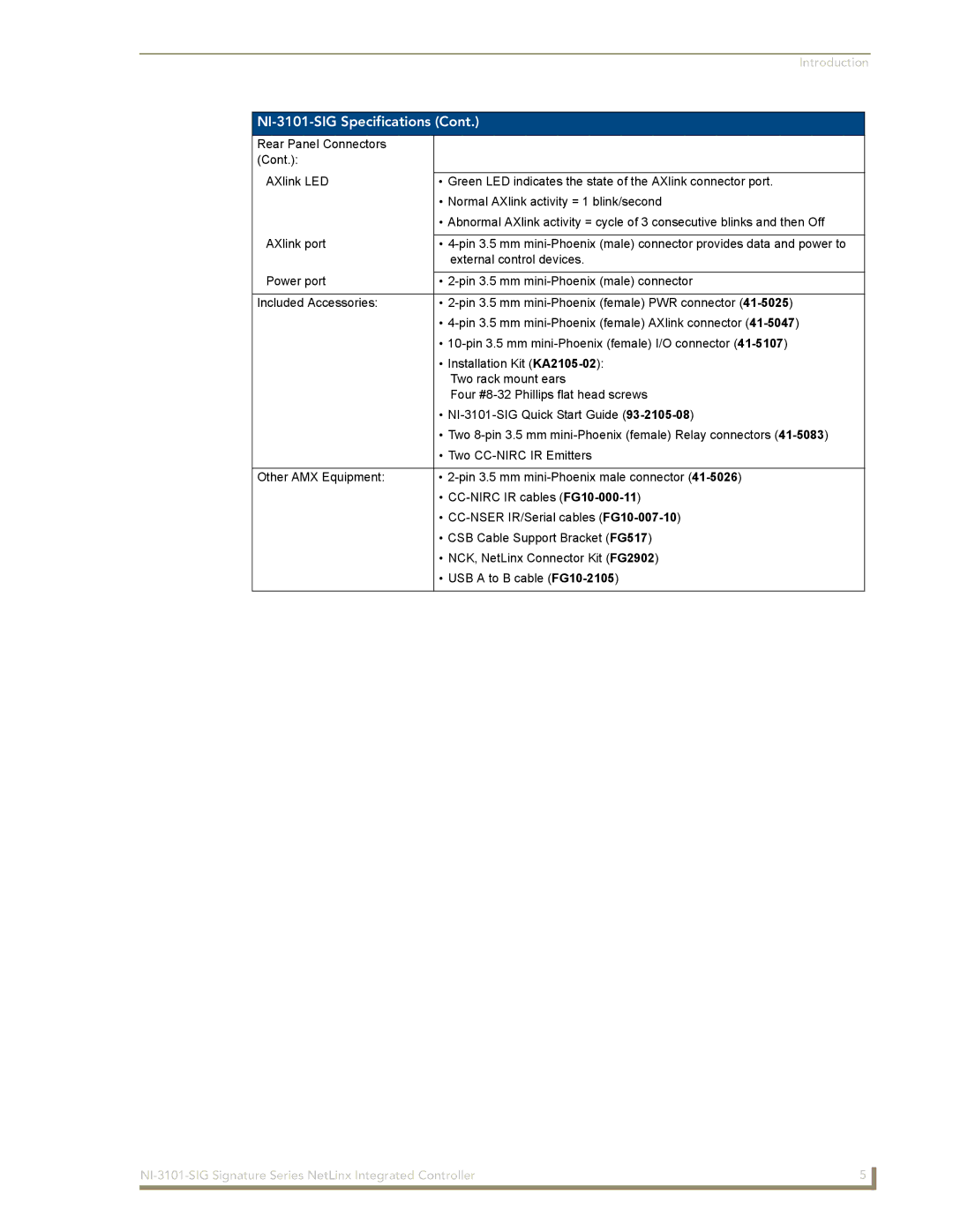 AMX manual NI-3101-SIG Specifications 