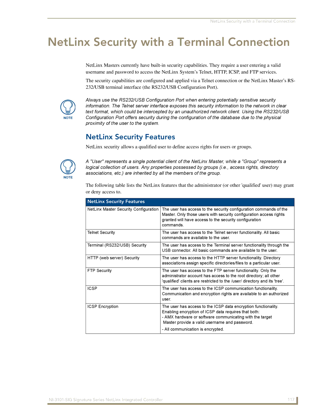 AMX NI-3101-SIG manual NetLinx Security Features, User has access to the Icsp communication functionality 