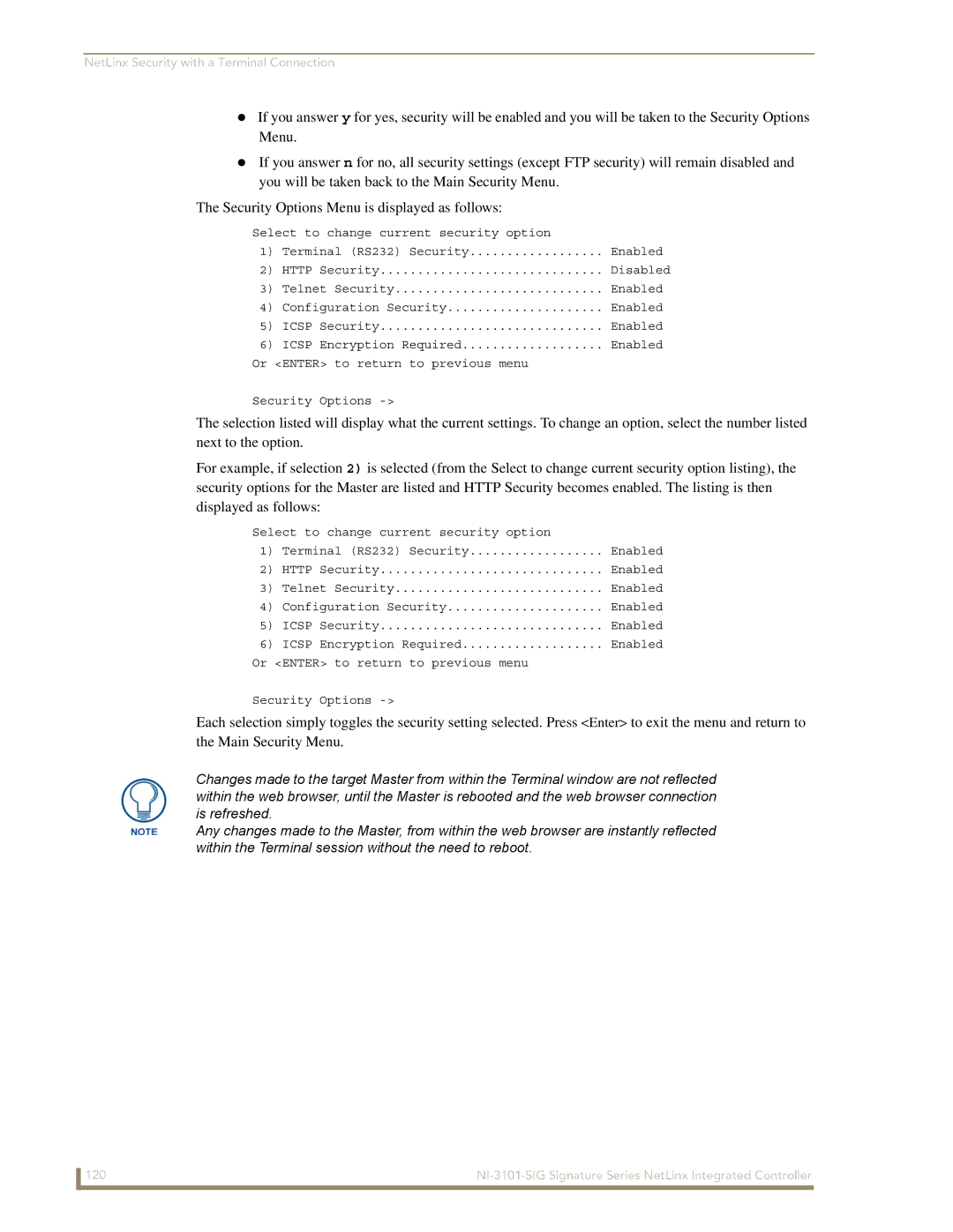 AMX NI-3101-SIG Select to change current security option, Enabled, Or Enter to return to previous menu Security Options 