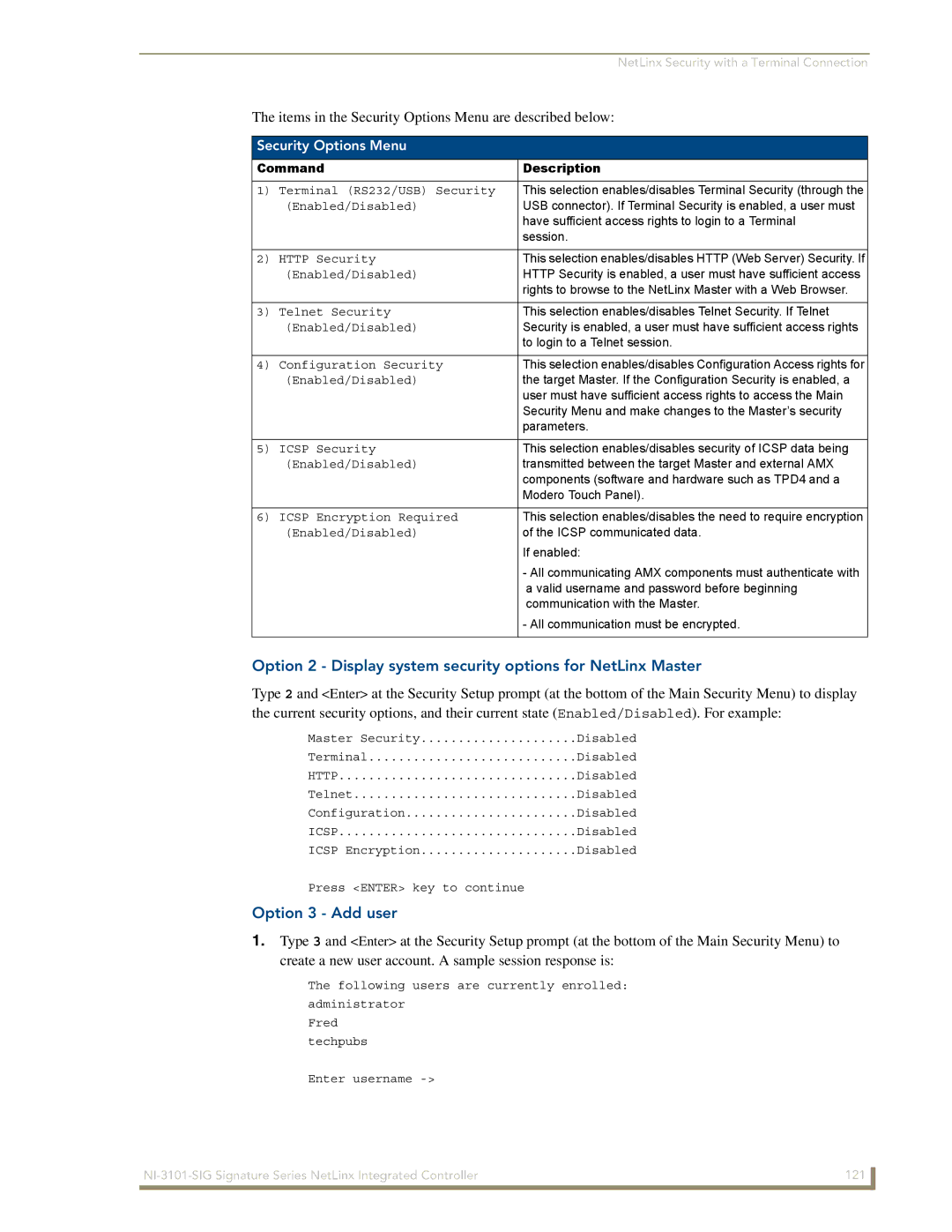 AMX NI-3101-SIG manual Items in the Security Options Menu are described below, Option 3 Add user, Command 