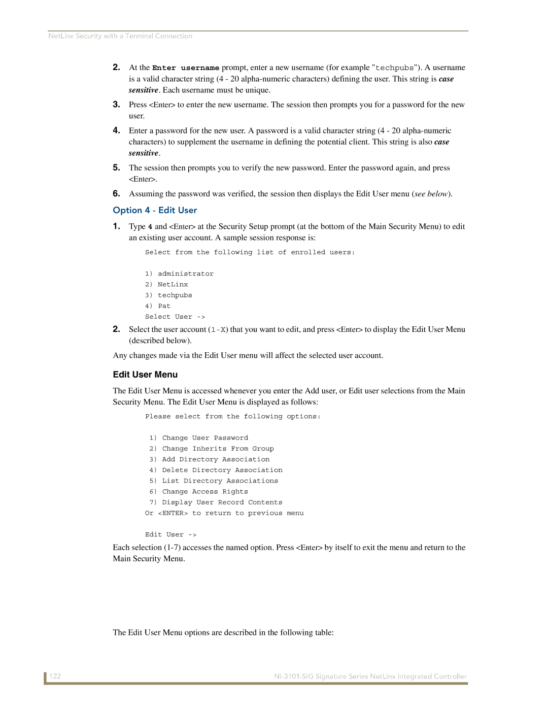 AMX NI-3101-SIG manual Option 4 Edit User, Edit User Menu 