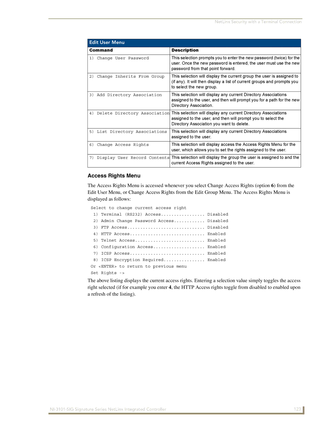 AMX NI-3101-SIG manual Edit User Menu, Command Description, Password from that point forward, Rights 